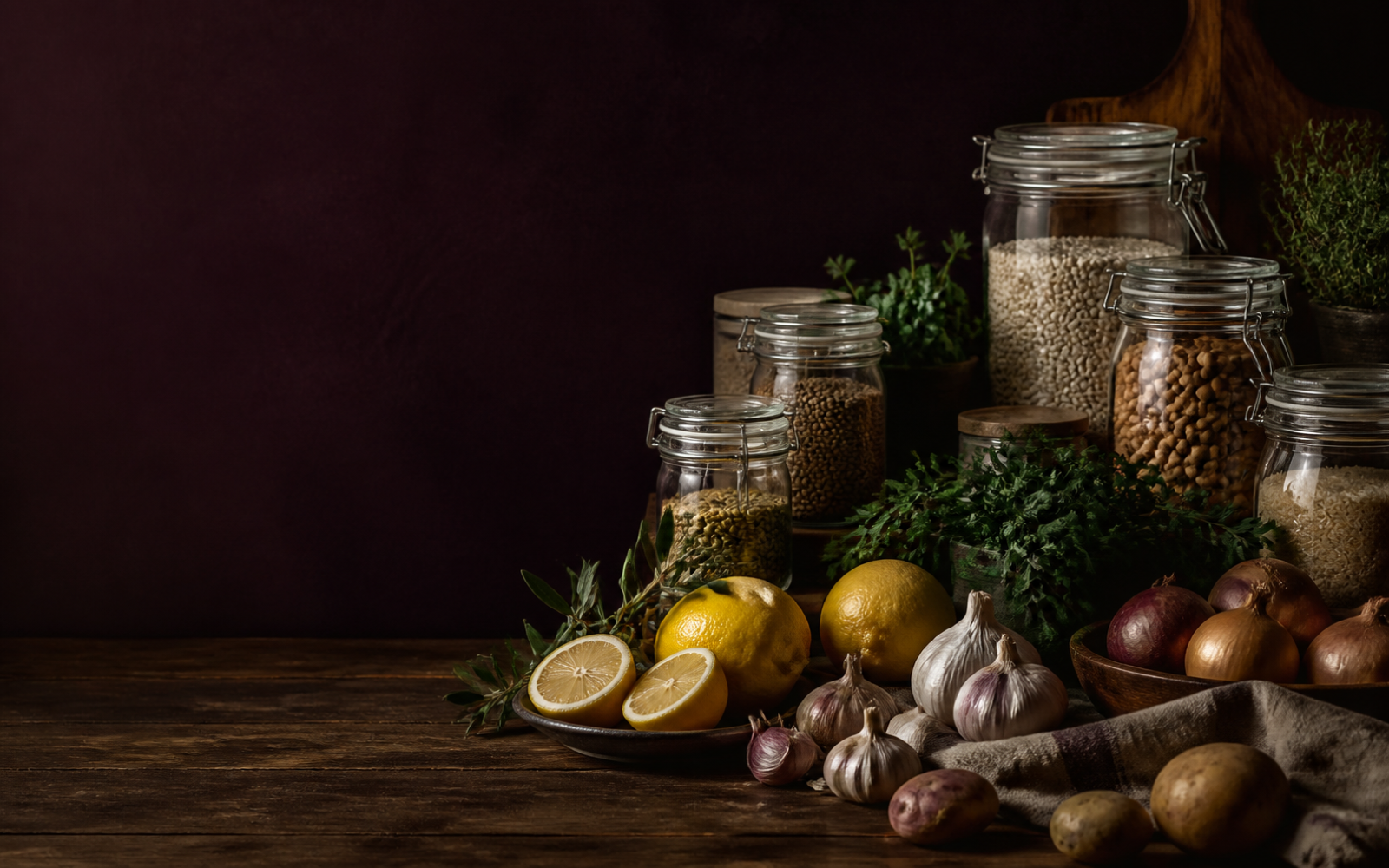 A composed still life of ingredients and a plated dish